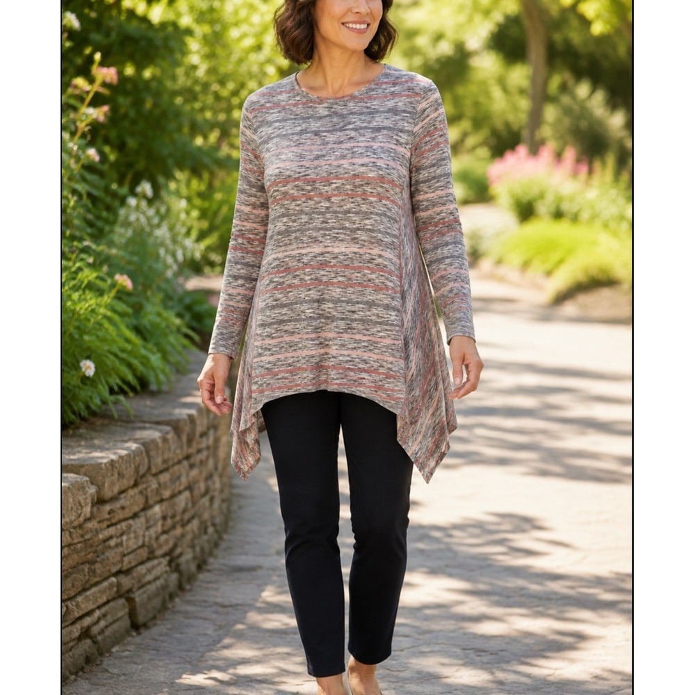 J Jill Pure Jill Shirt Women Large P Gray PinkStriped Tunic Long Sleeve HiLo Hem